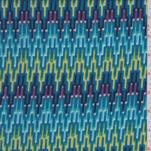 1 YD PC-Aqua Blue Multi Digital Flamestitch Rayon Challis Fabric