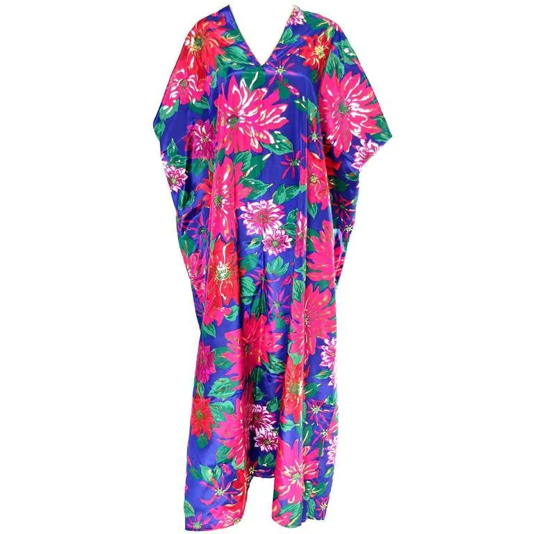 1980s Oscar de la Renta Floral Vintage Caftan Metallic Gold Mumu Hostess Loungewear