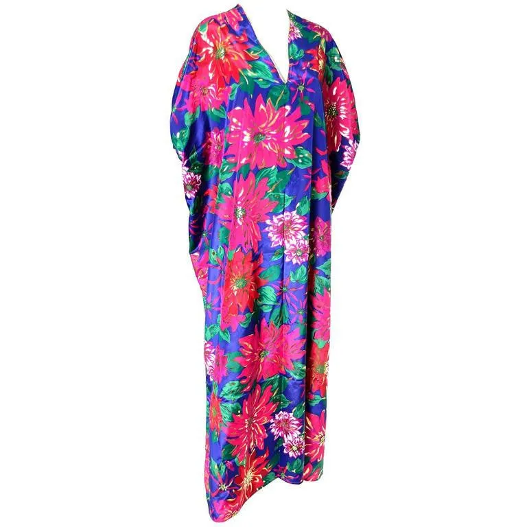 1980s Oscar de la Renta Floral Vintage Caftan Metallic Gold Mumu Hostess Loungewear