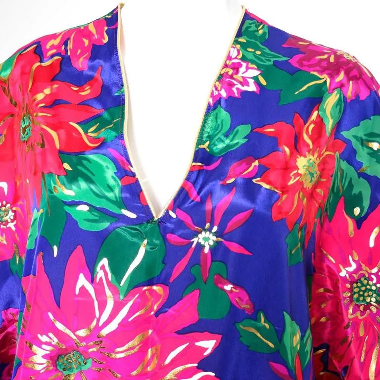 1980s Oscar de la Renta Floral Vintage Caftan Metallic Gold Mumu Hostess Loungewear