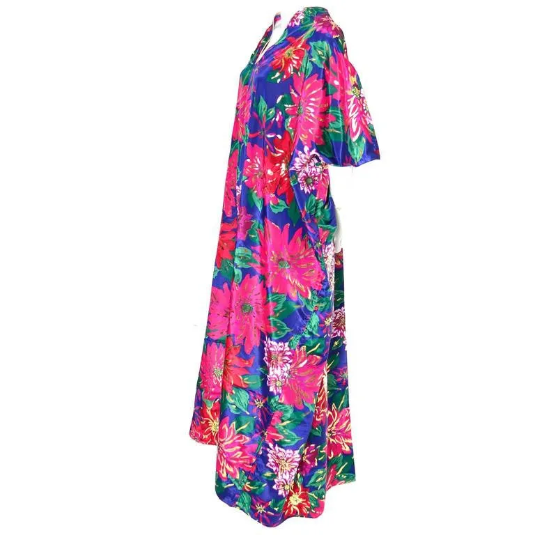 1980s Oscar de la Renta Floral Vintage Caftan Metallic Gold Mumu Hostess Loungewear