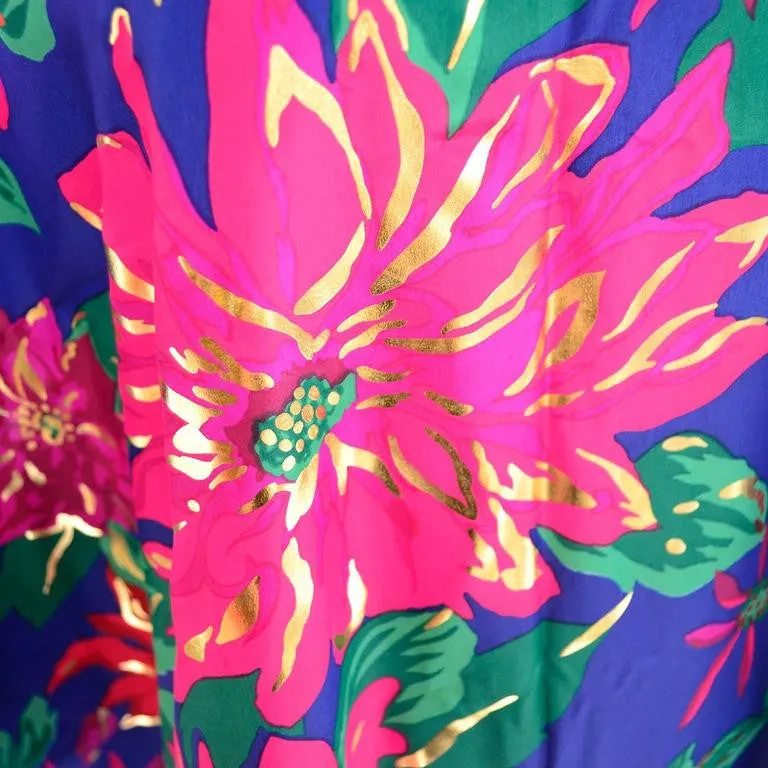 1980s Oscar de la Renta Floral Vintage Caftan Metallic Gold Mumu Hostess Loungewear