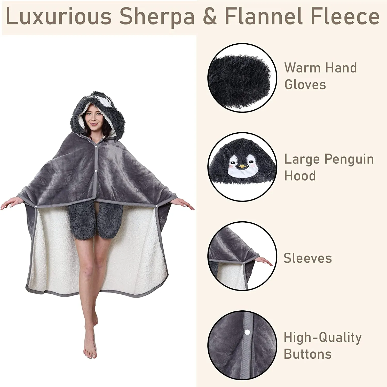 Animal Fluffy Fleece Unisex Hooded Blankets - Penguin