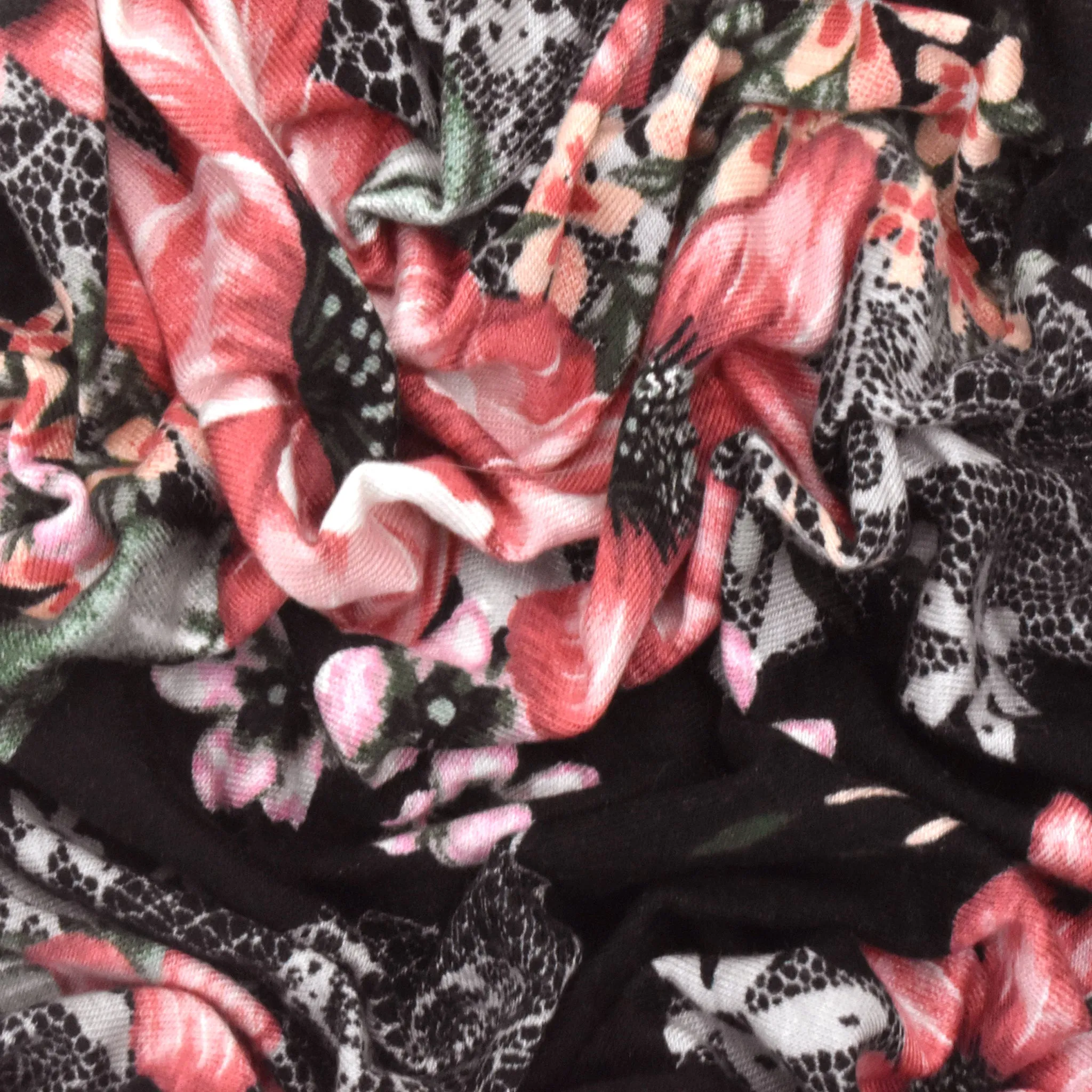 Black-Pink-Multi Floral Printed Stretch Double Brushed Jersey Knit Fabric