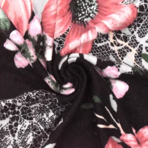 Black-Pink-Multi Floral Printed Stretch Double Brushed Jersey Knit Fabric