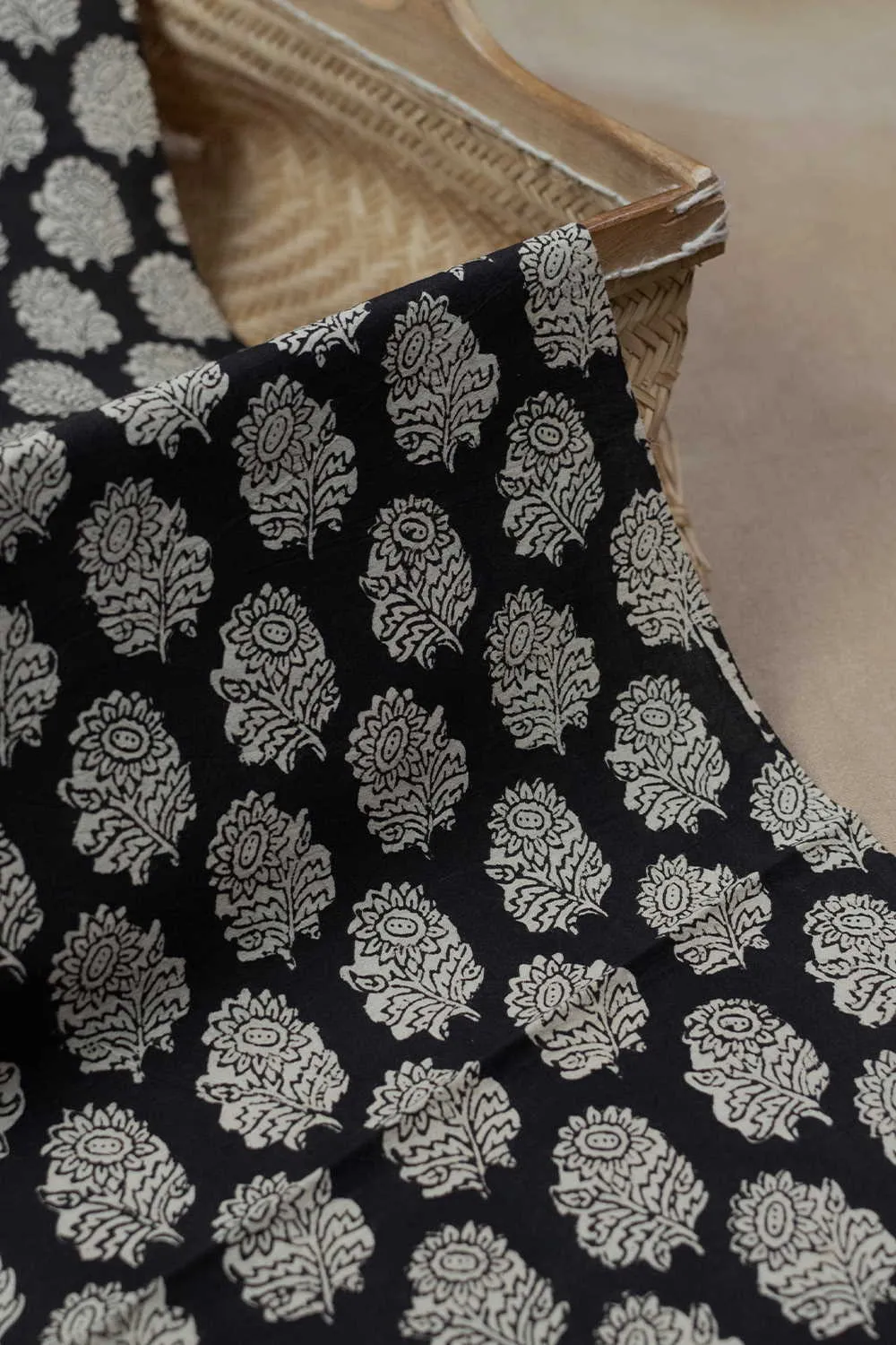 Butta Floral on Black Bagru Cotton Fabric