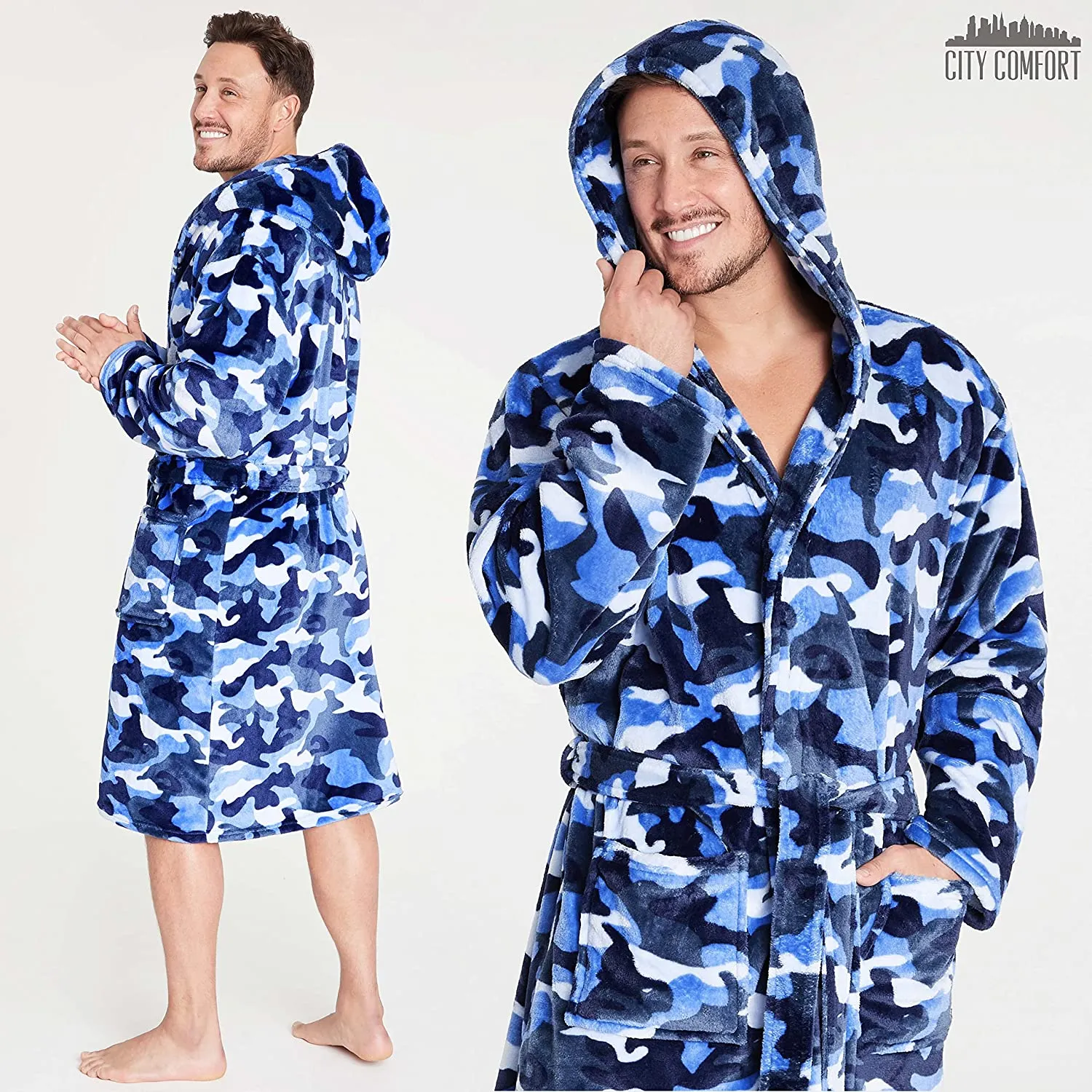 CityComfort Dressing Gown for Men, Mens Dressing Gowns with Blue Camouflage Print