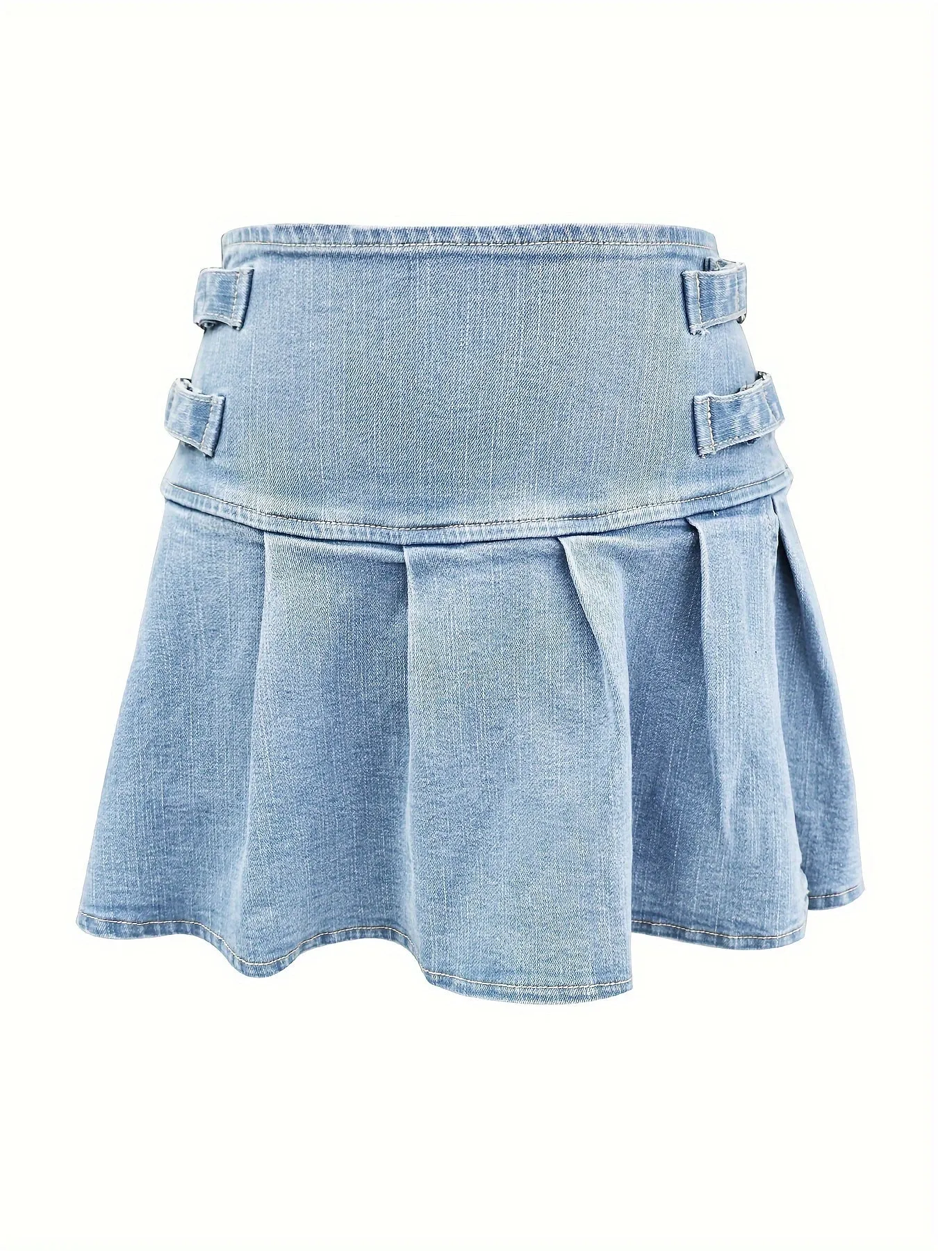 Denim High Waist Pleated Design Trendy Skirt