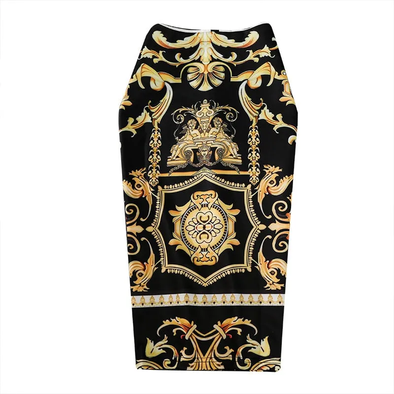 European Chic Women Print Pencil Skirt High Stretch Abstract Pattern