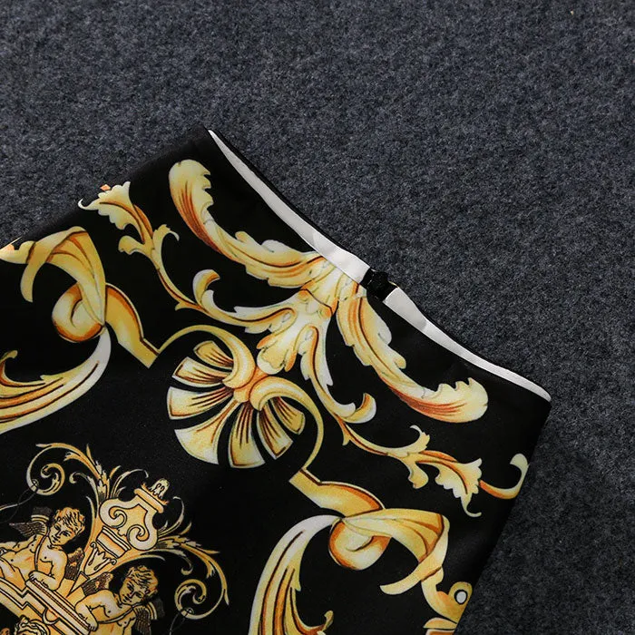 European Chic Women Print Pencil Skirt High Stretch Abstract Pattern