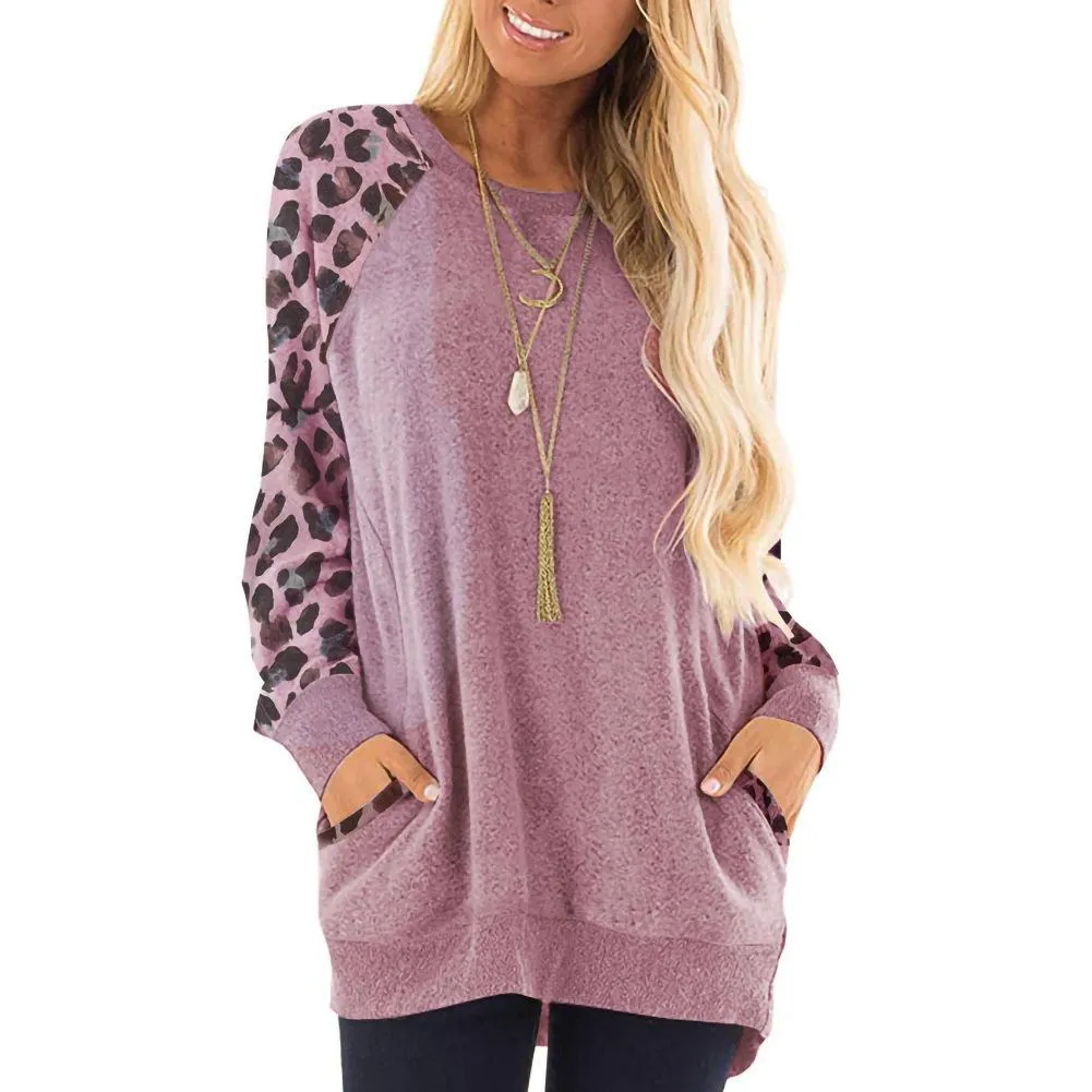 Fashion round neck color contrast pocket sweater long-sleeved pullover sweatshirt casual T-shirt