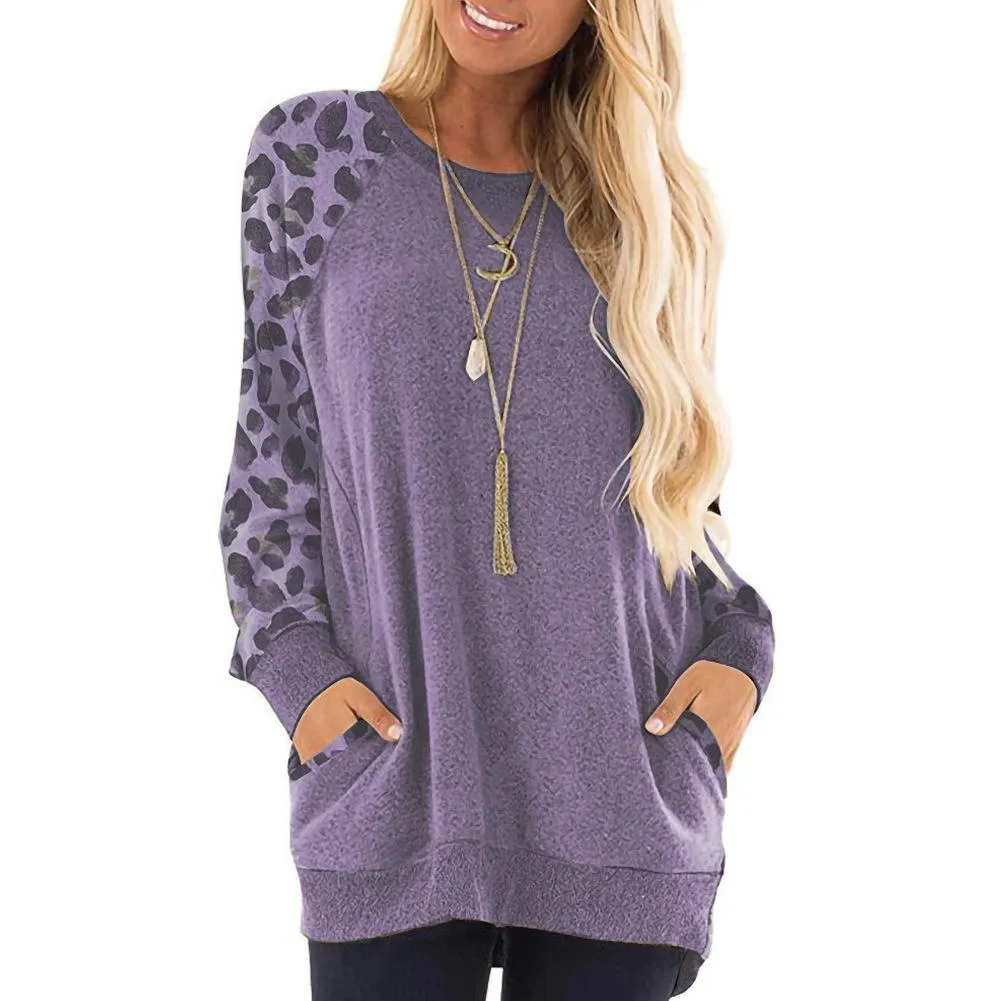 Fashion round neck color contrast pocket sweater long-sleeved pullover sweatshirt casual T-shirt
