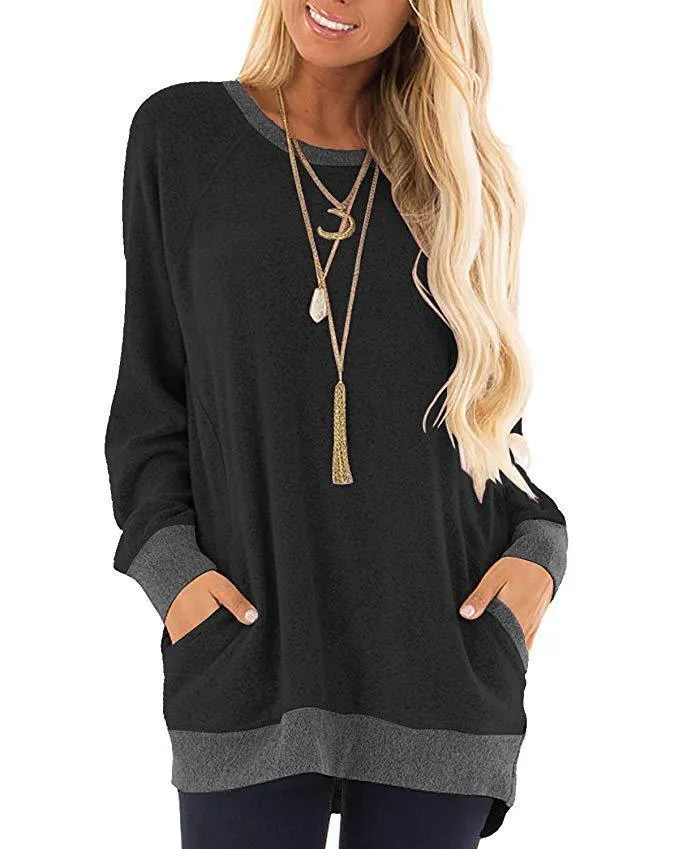 Fashion round neck color contrast pocket sweater long-sleeved pullover sweatshirt casual T-shirt