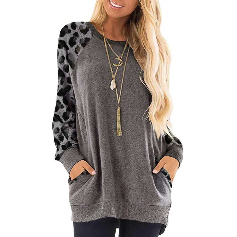 Fashion round neck color contrast pocket sweater long-sleeved pullover sweatshirt casual T-shirt