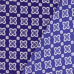 Holiday Blue-Light Beige Quatrefoil Floral Print Poly Georgette Woven Fabric