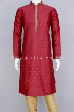Maroon Soft Raw Silk Embroidery Work Kurta Pajama