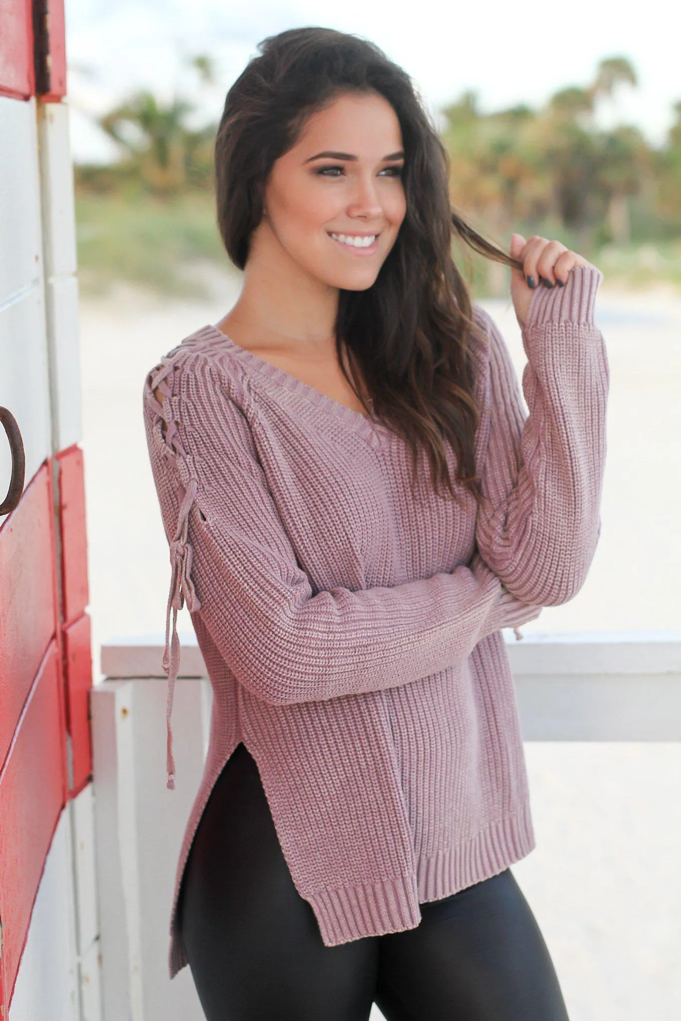 Mauve Knit Sweater with Lace Up Detail
