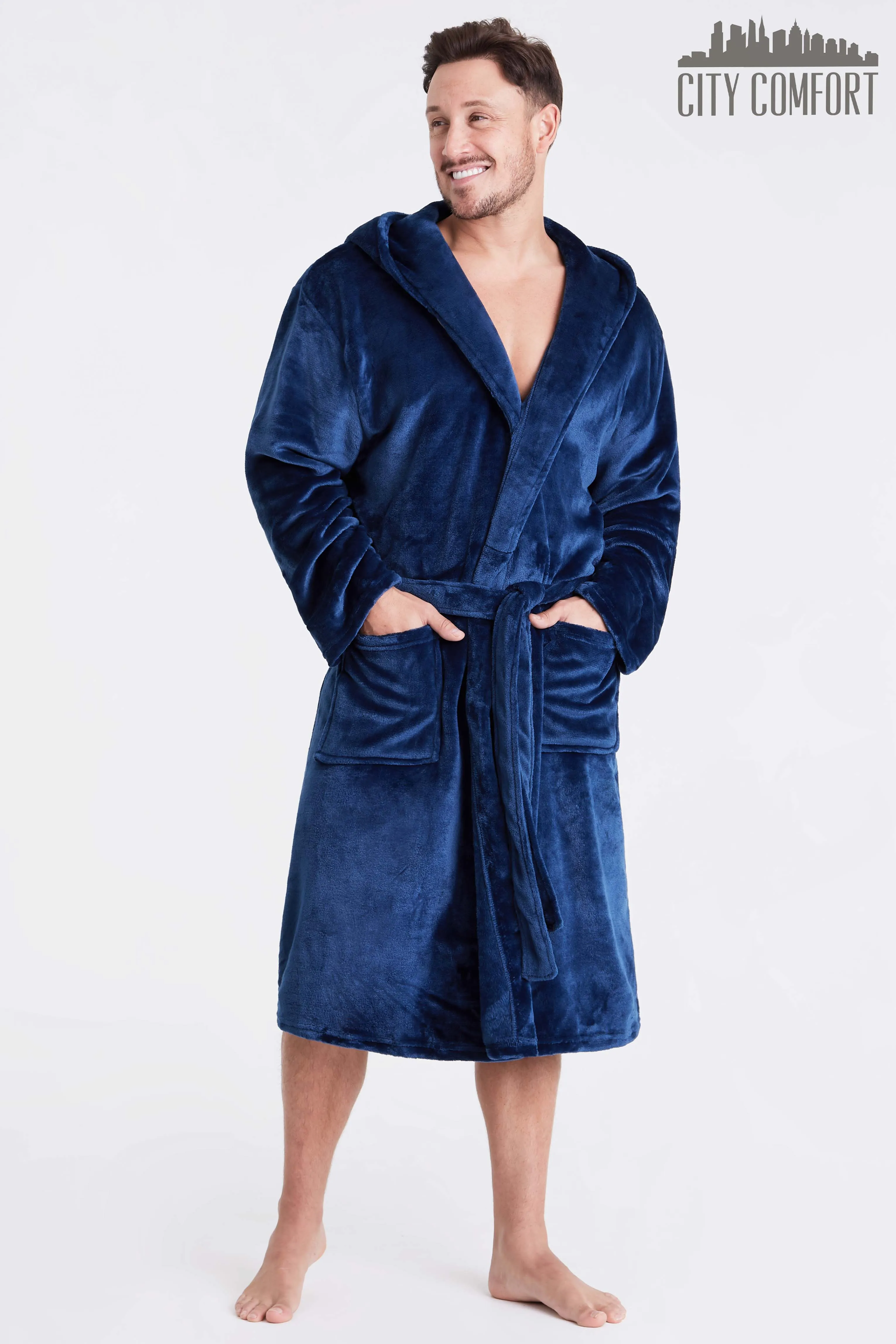 Mens Dressing Gown Super Soft Mens Fleece Robe with Hood Gowns Bathrobe Warm and Cozy