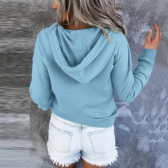 NEW Wreesh Women's pullover, hoodie, women's button placket hoodie, plain pullover, autumn, winter, casual sweatshirt with hood, women's hooded pullover, top, shirts, Blue, Sz M