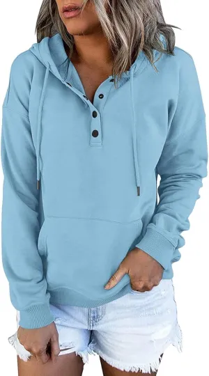NEW Wreesh Women's pullover, hoodie, women's button placket hoodie, plain pullover, autumn, winter, casual sweatshirt with hood, women's hooded pullover, top, shirts, Blue, Sz M