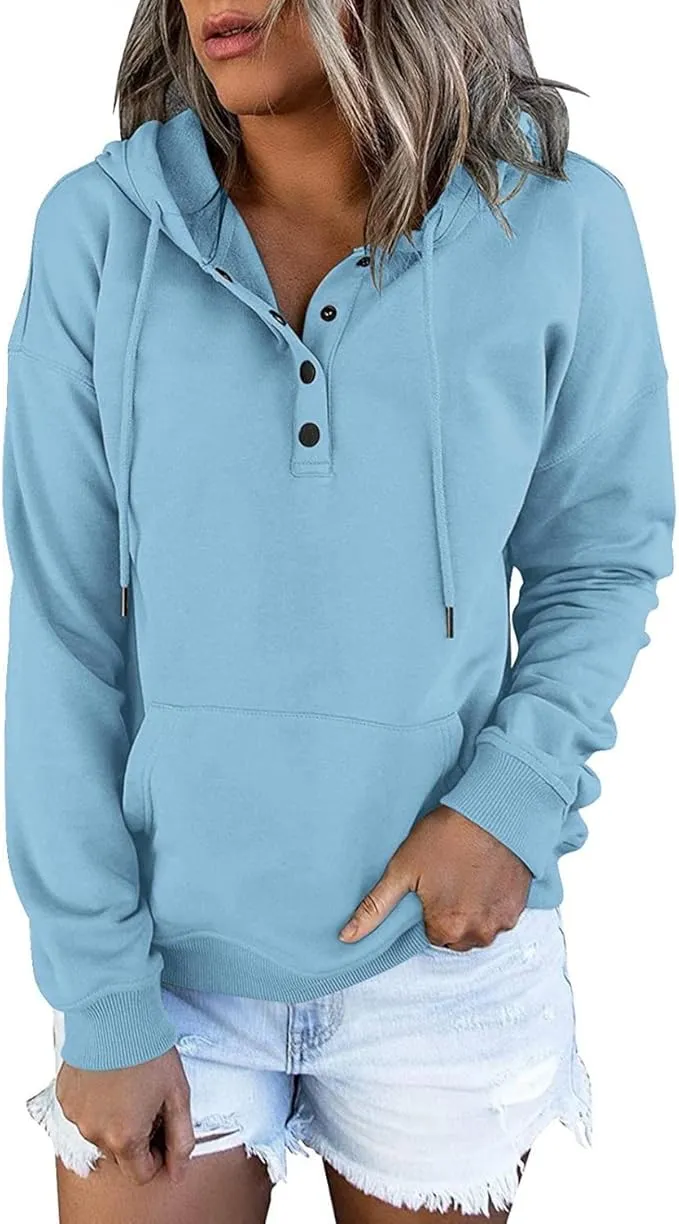 NEW Wreesh Women's pullover, hoodie, women's button placket hoodie, plain pullover, autumn, winter, casual sweatshirt with hood, women's hooded pullover, top, shirts, Blue, Sz M