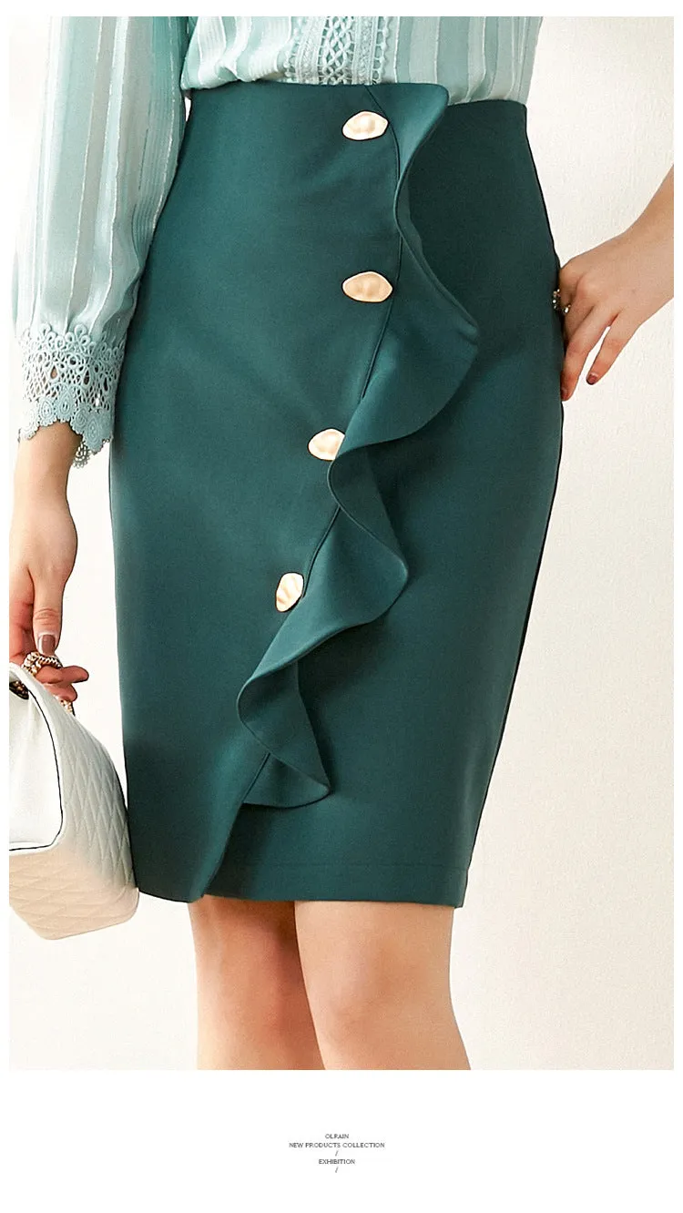 Niche Trendy Ruffle Button Accessories Spliced High Waist Hip Flattering Women Skirt