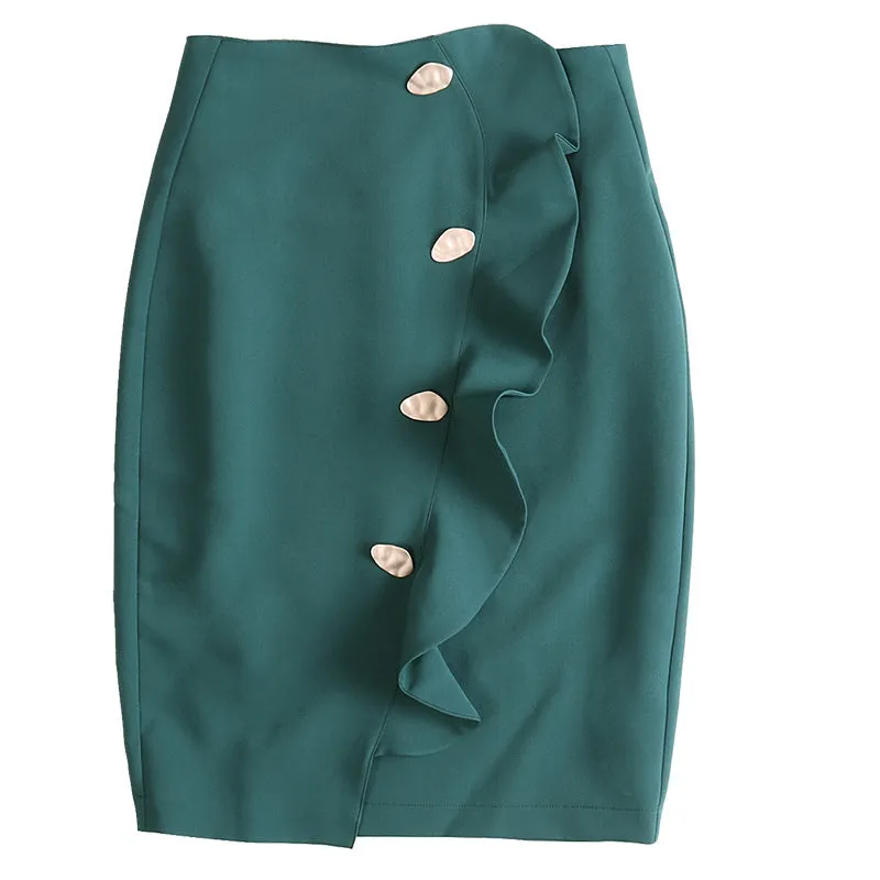 Niche Trendy Ruffle Button Accessories Spliced High Waist Hip Flattering Women Skirt