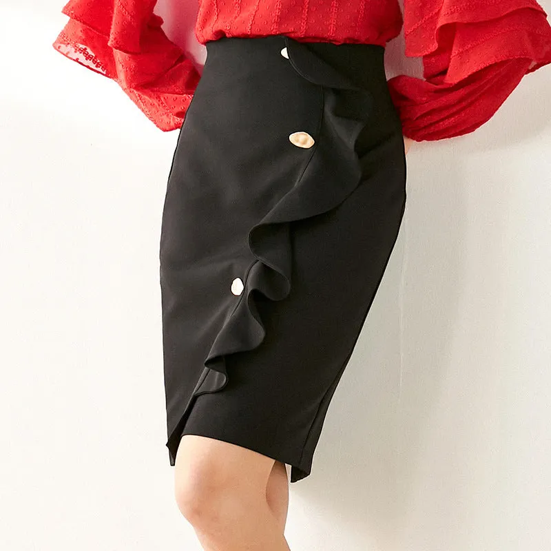 Niche Trendy Ruffle Button Accessories Spliced High Waist Hip Flattering Women Skirt