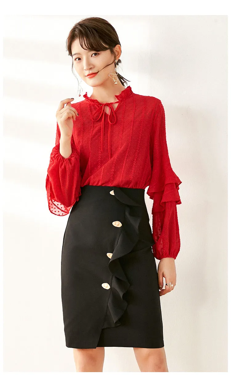 Niche Trendy Ruffle Button Accessories Spliced High Waist Hip Flattering Women Skirt