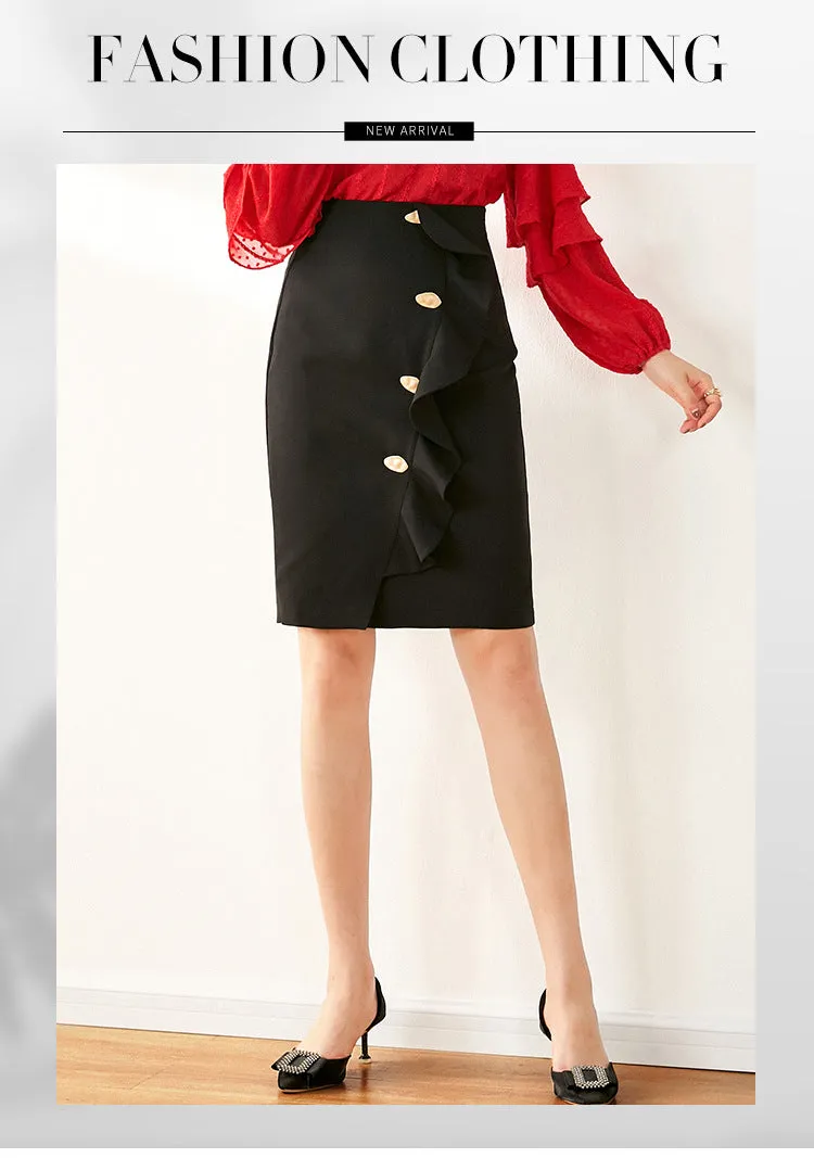 Niche Trendy Ruffle Button Accessories Spliced High Waist Hip Flattering Women Skirt