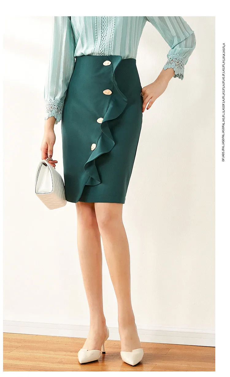 Niche Trendy Ruffle Button Accessories Spliced High Waist Hip Flattering Women Skirt