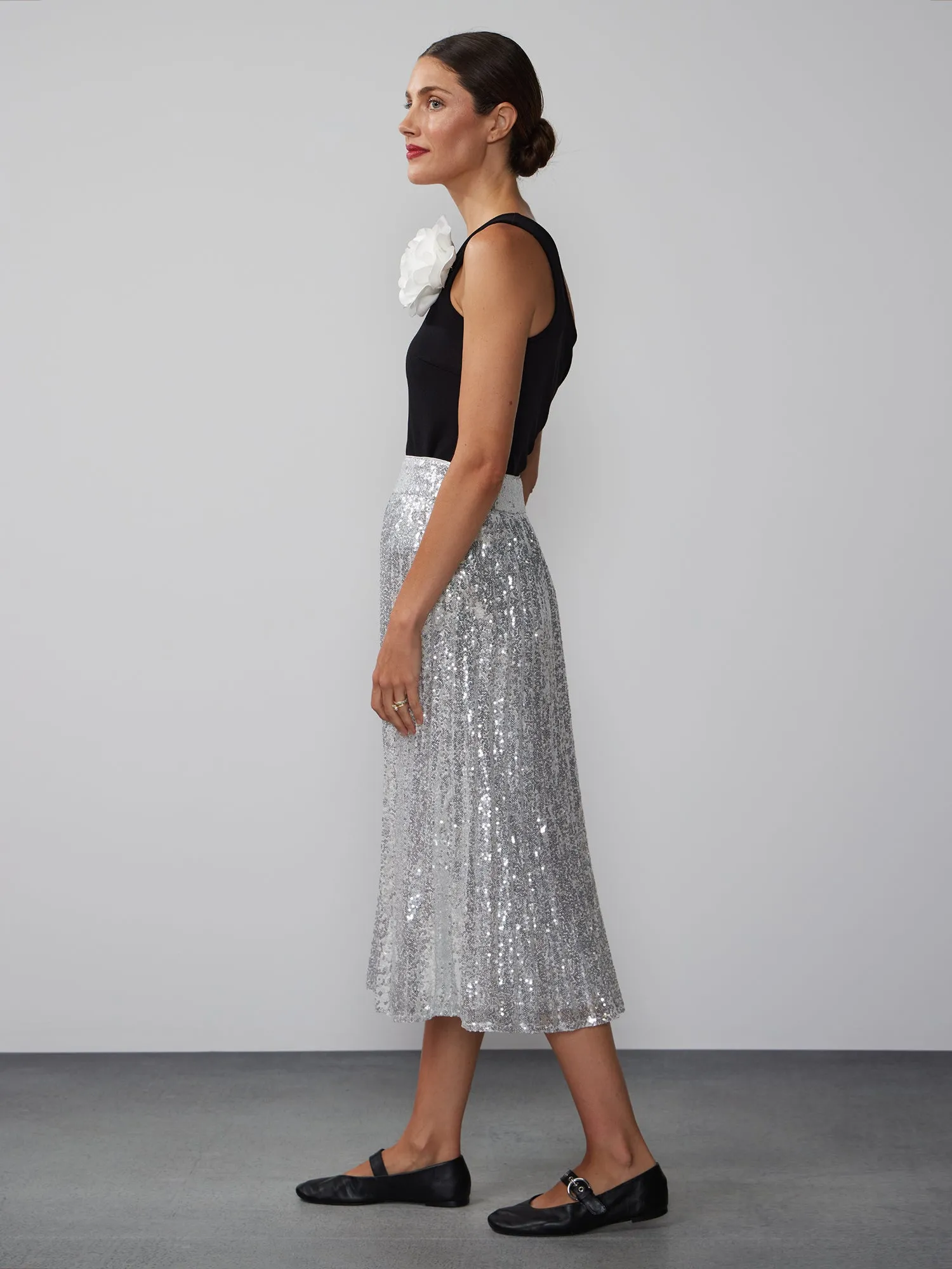 Pleated Sequin Midi Skirt