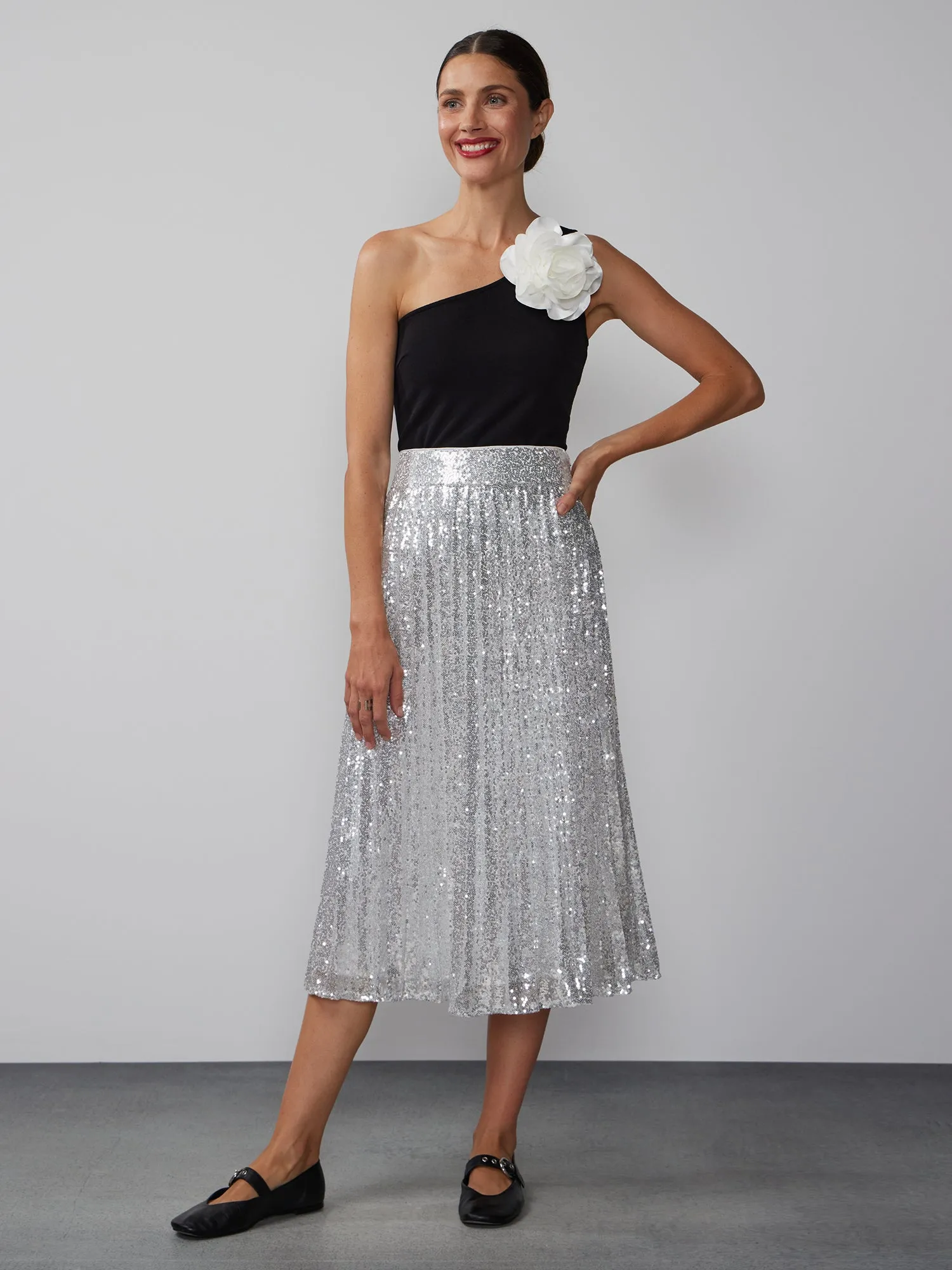 Pleated Sequin Midi Skirt