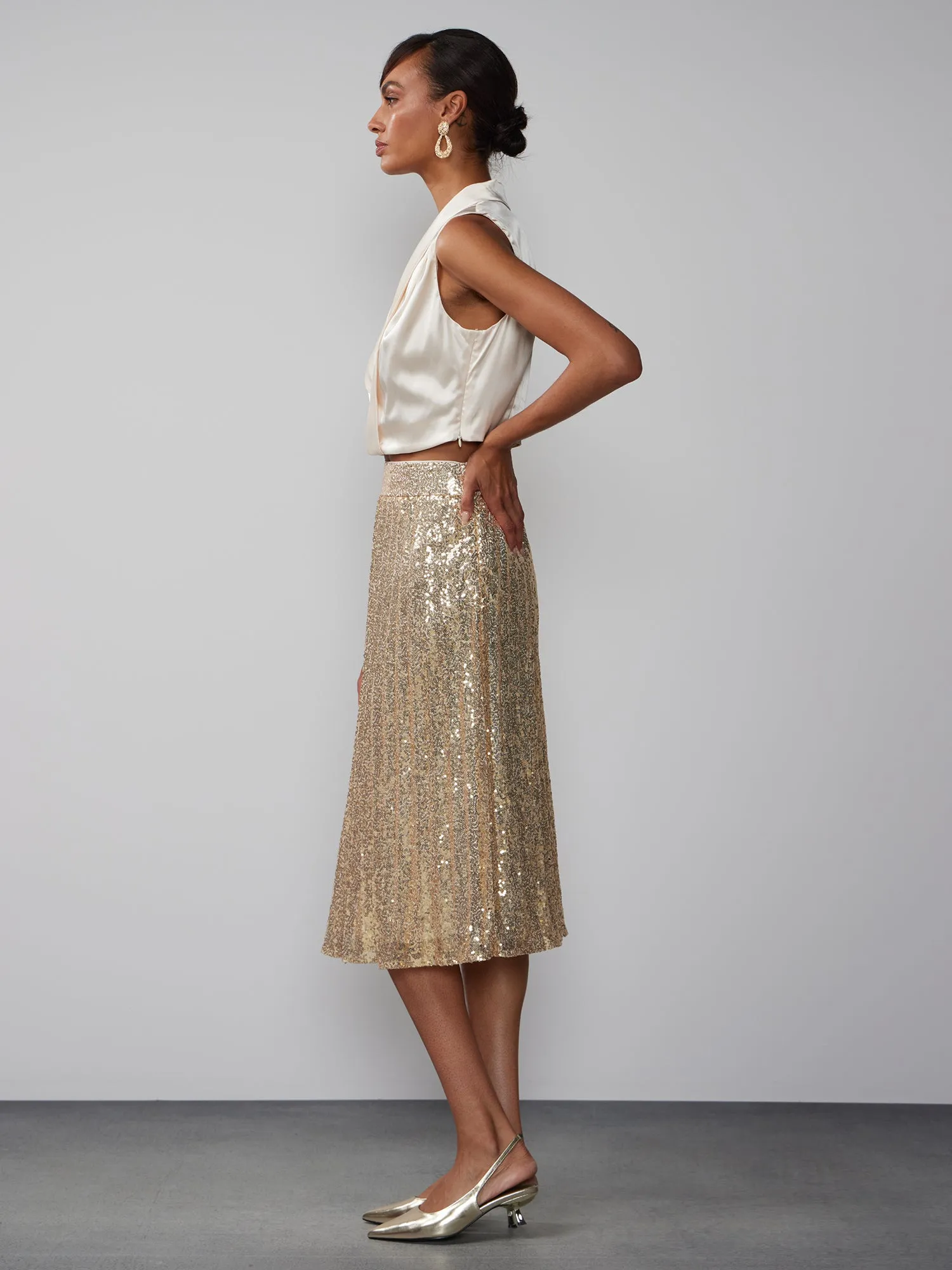 Pleated Sequin Midi Skirt