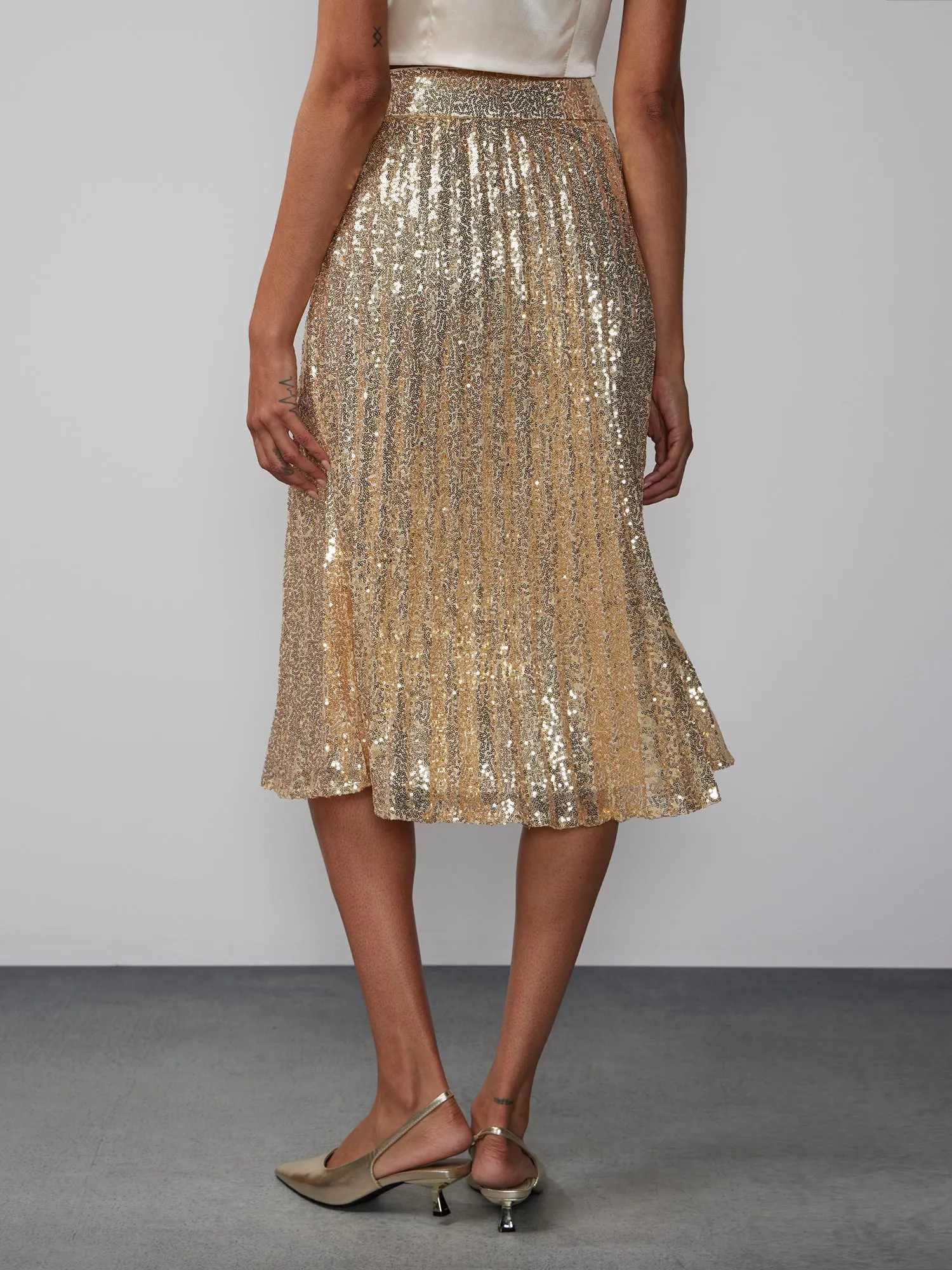 Pleated Sequin Midi Skirt