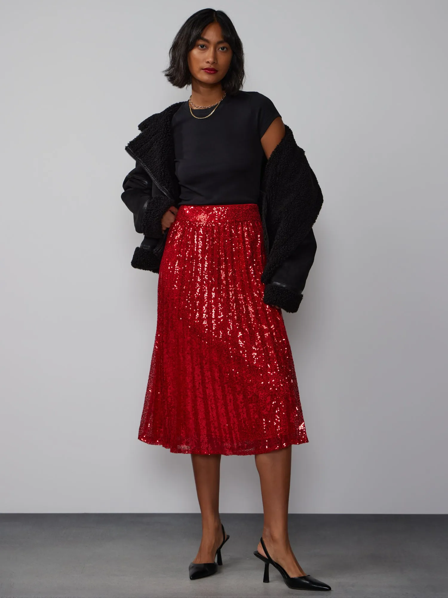 Pleated Sequin Midi Skirt