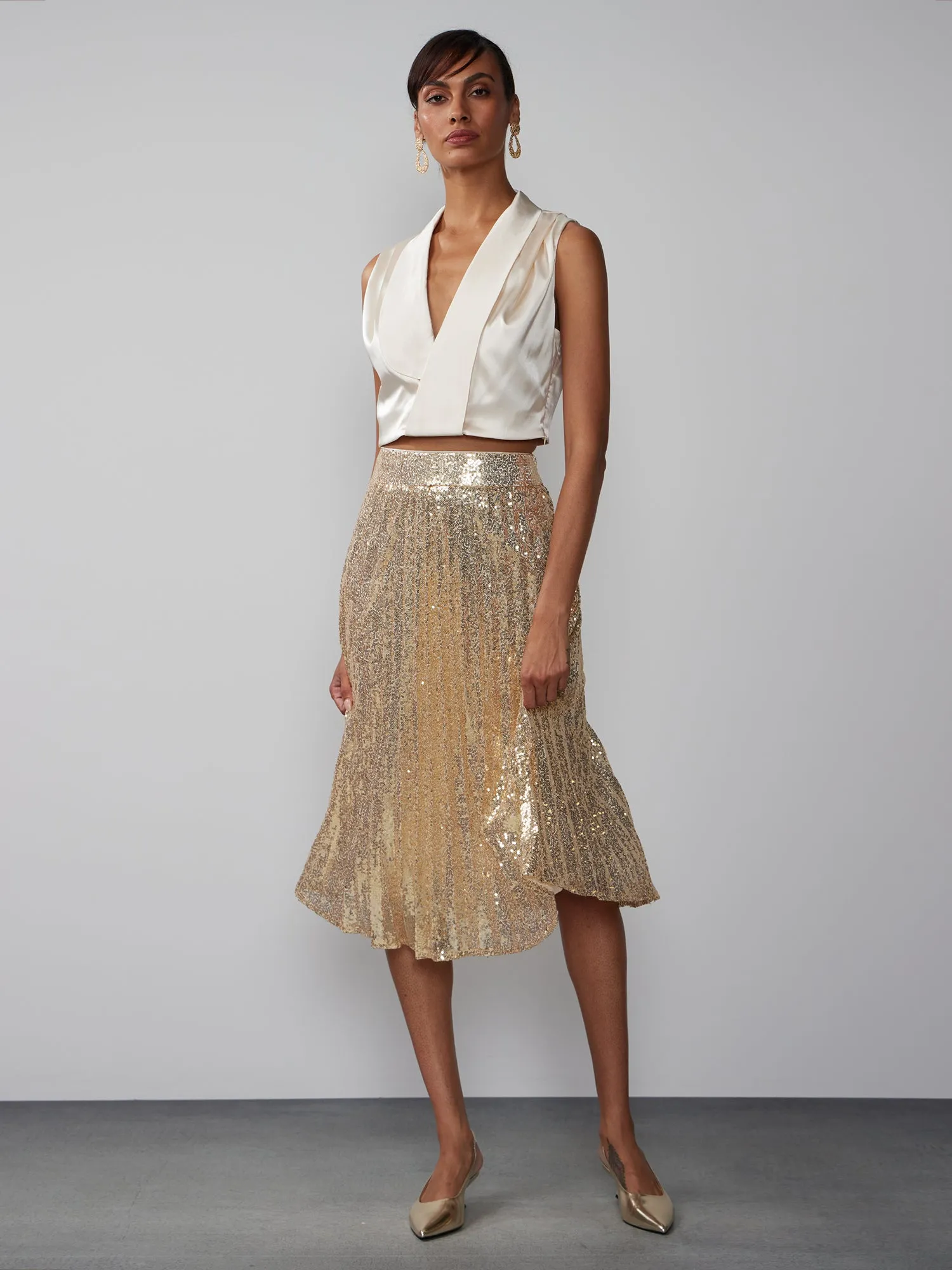 Pleated Sequin Midi Skirt