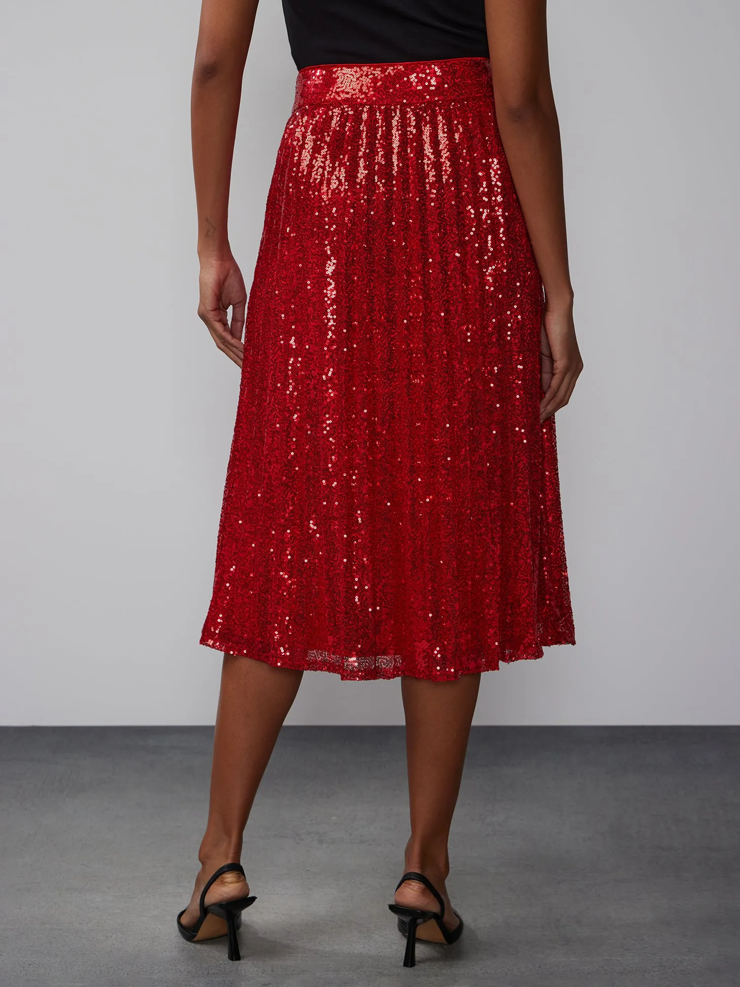 Pleated Sequin Midi Skirt