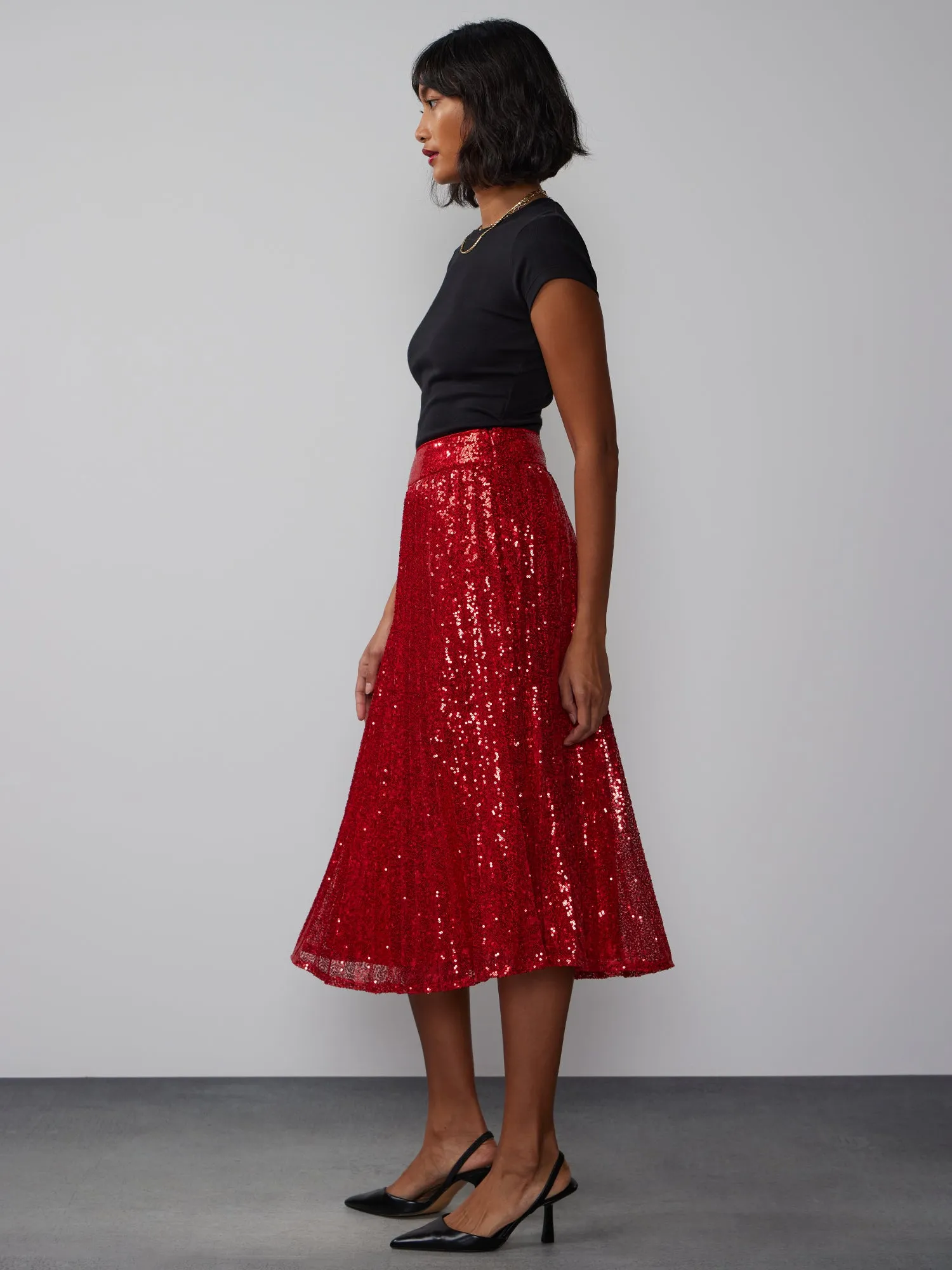 Pleated Sequin Midi Skirt