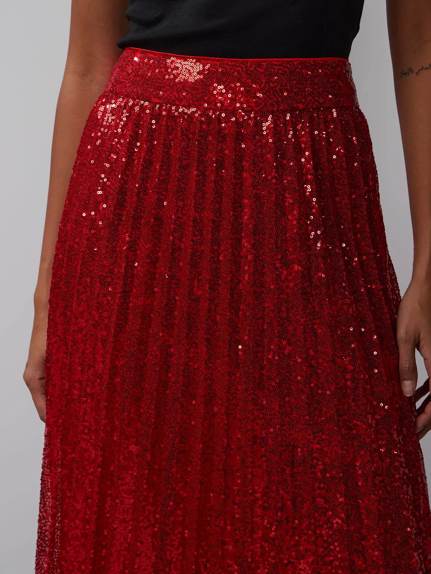 Pleated Sequin Midi Skirt
