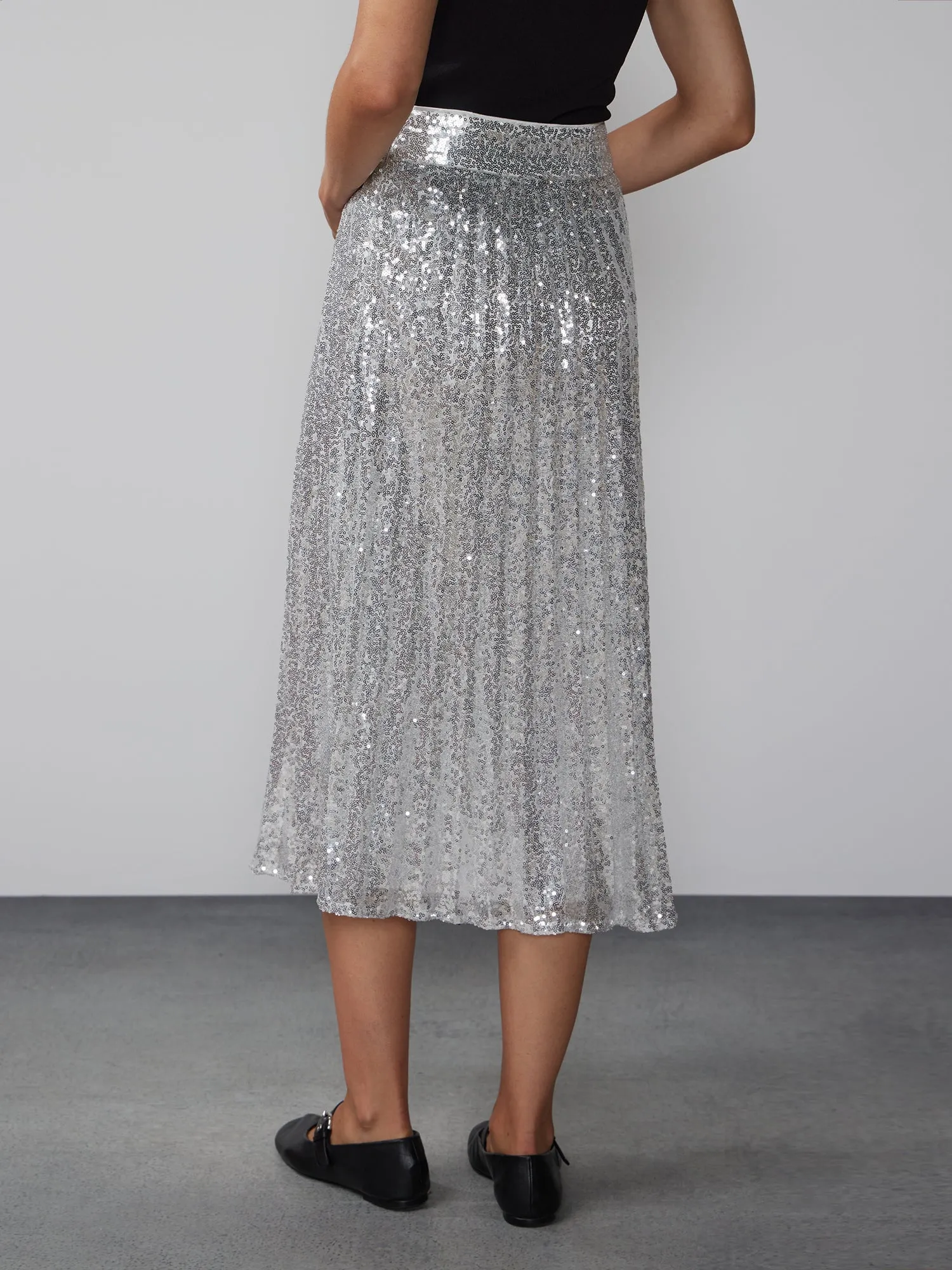 Pleated Sequin Midi Skirt