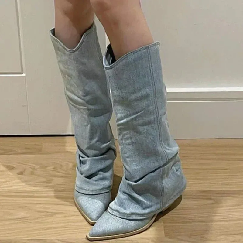 Slouchy Denim Knee Boots
