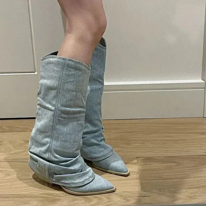 Slouchy Denim Knee Boots