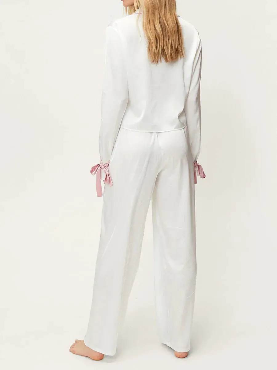 Soft Bow Decor Long Sleeve Elastic Waist Pants Sleepwear Satin Pajamas