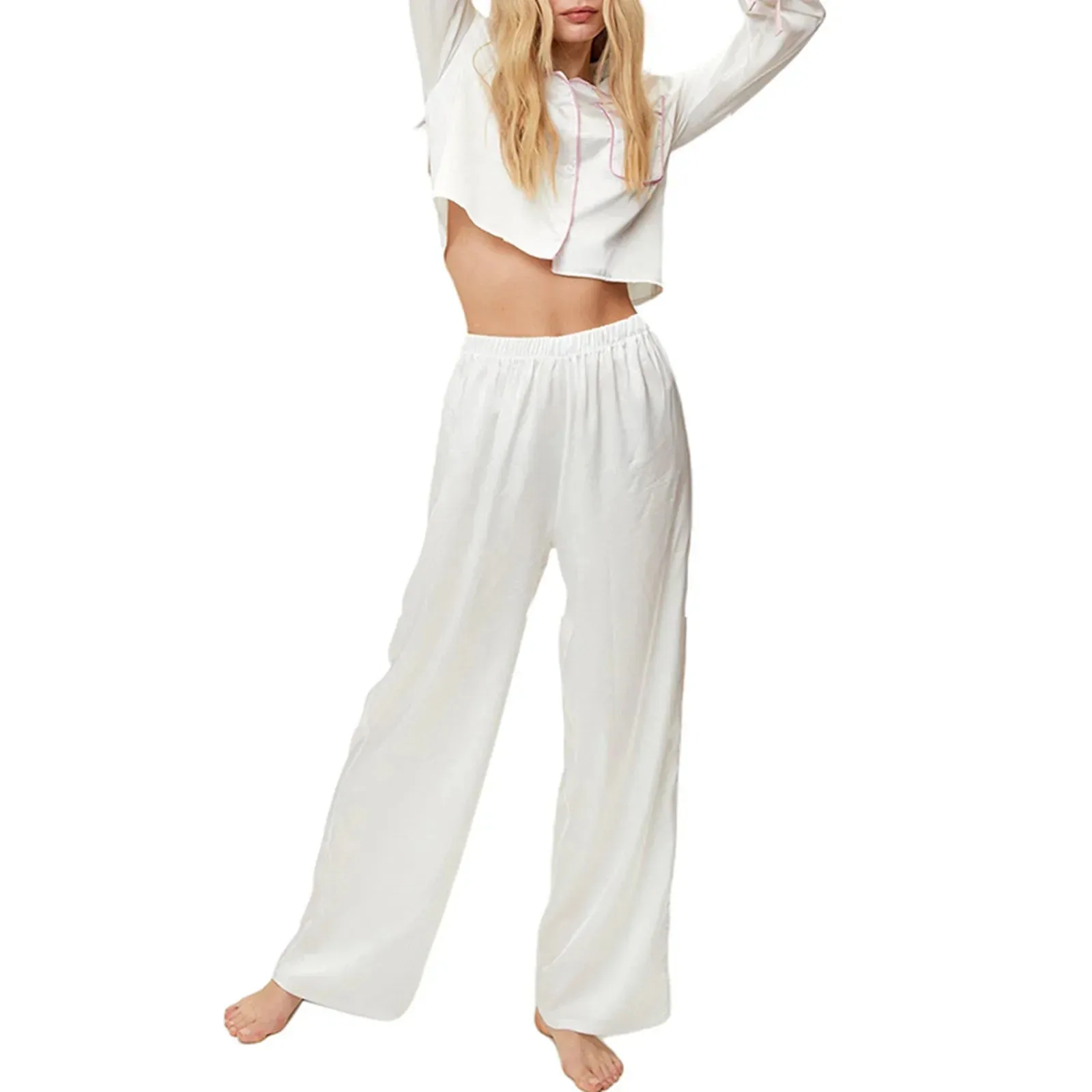 Soft Bow Decor Long Sleeve Elastic Waist Pants Sleepwear Satin Pajamas