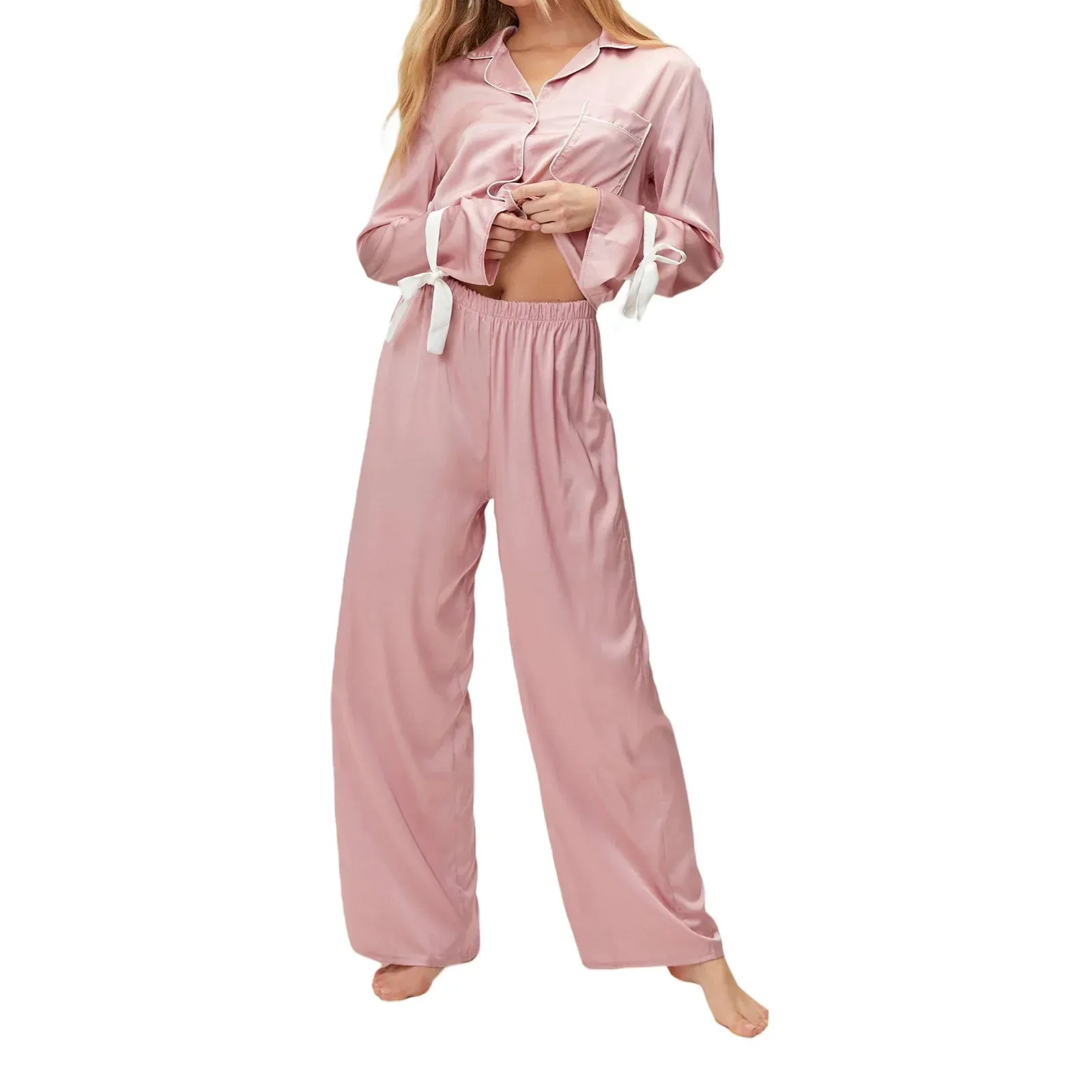 Soft Bow Decor Long Sleeve Elastic Waist Pants Sleepwear Satin Pajamas