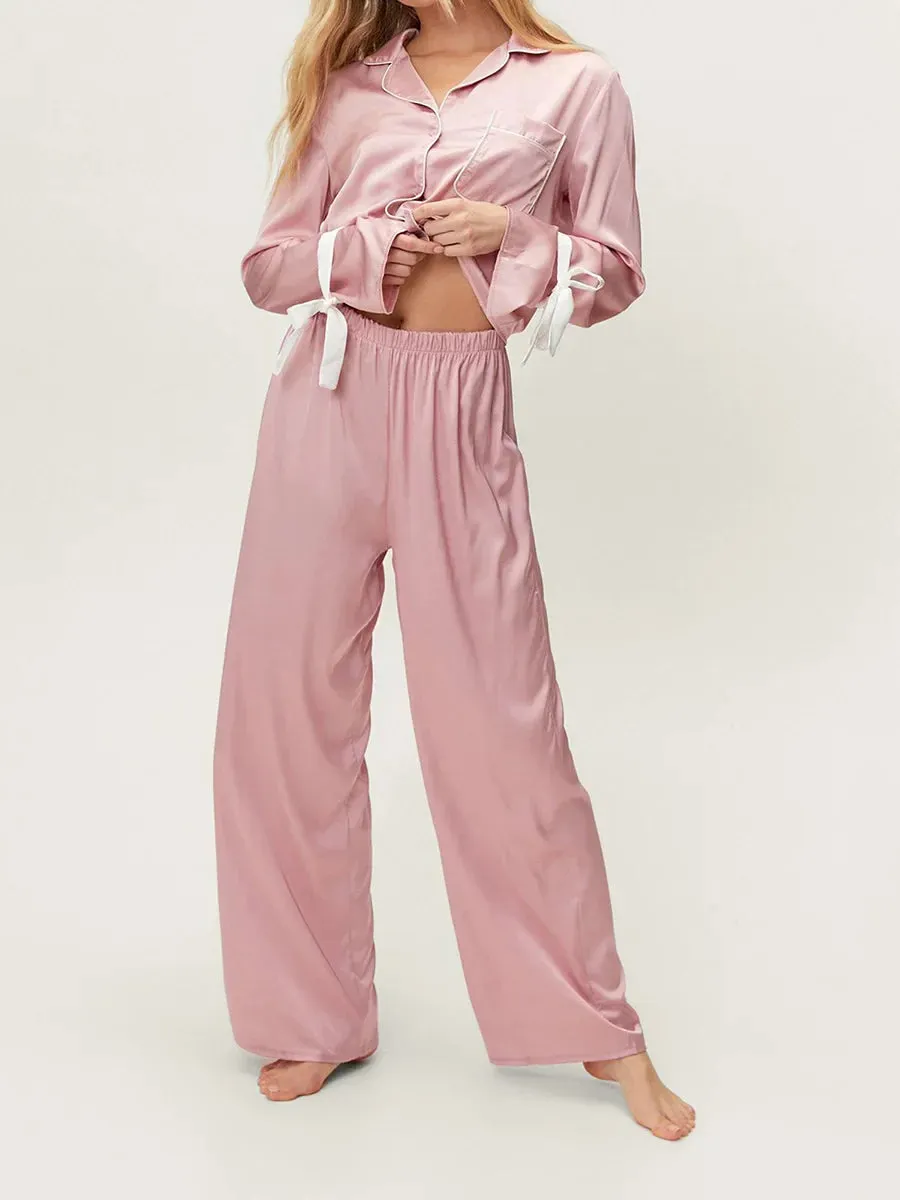 Soft Bow Decor Long Sleeve Elastic Waist Pants Sleepwear Satin Pajamas