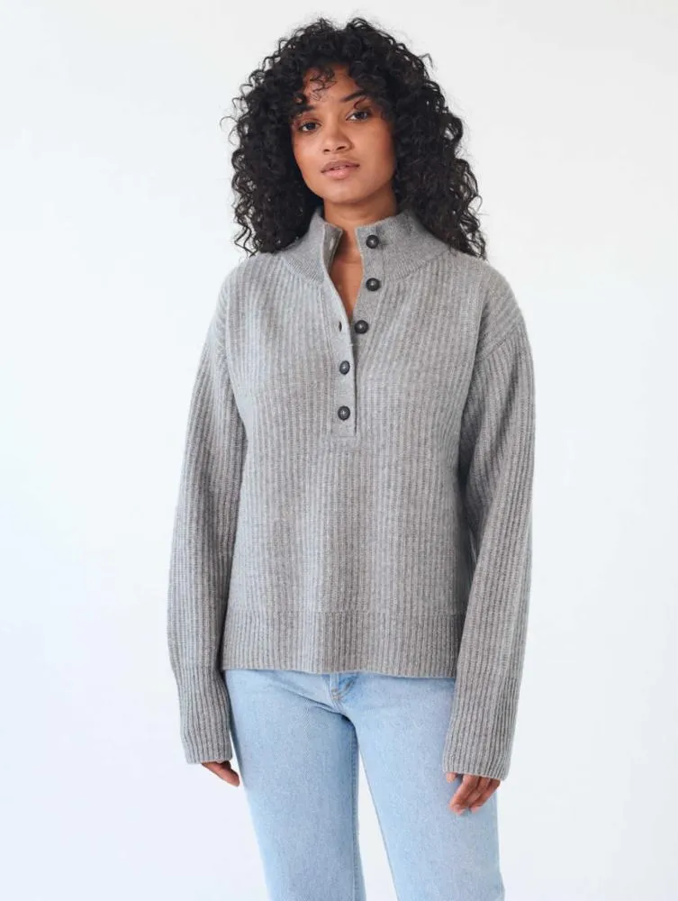 White   Warren - Cashmere Ribbed Button Standneck in Grey Heather