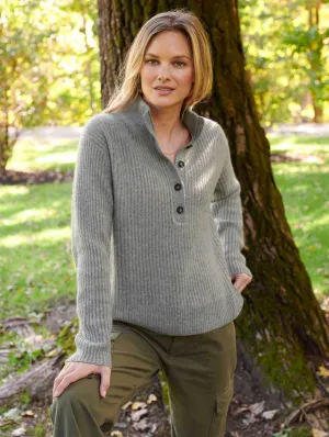 White   Warren - Cashmere Ribbed Button Standneck in Grey Heather