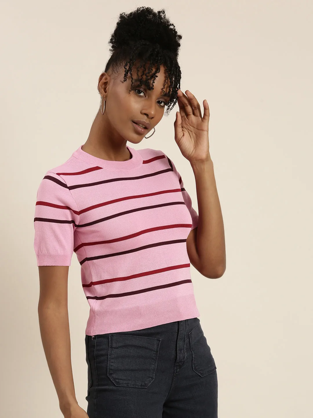 Women Pink Striped Top
